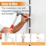 Close up view of Mankk square white plastic cable fasteners highlighting the heavy duty integrated stainless steel nail design.
