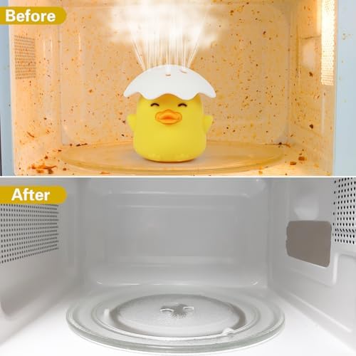 Yellow duck microwave cleaner releasing natural steam to soften interior grease and stains.