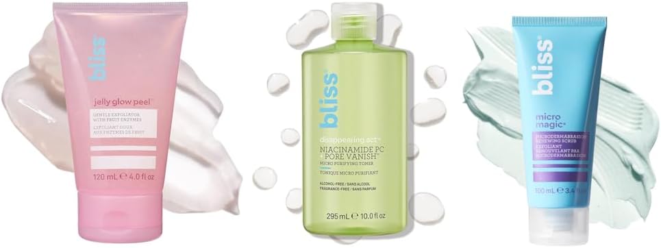 Bliss Ultimate Glow Set featuring scrub, toner, and peel