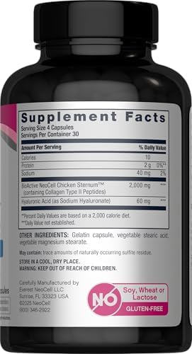 NeoCell Joint Complex supplement facts label showcasing 2400mg collagen type 2 and hyaluronic acid content