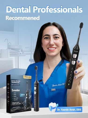 Black 7MAGIC power toothbrush set showcasing the eight included replacement brush heads.