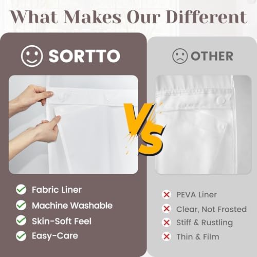 Complete 3 in 1 SORTTO no hook shower curtain set demonstrating the detachable liner feature.
