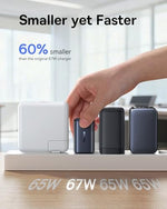 Premium Baseus sixty-seven watt power adapter compared to a small earbud case