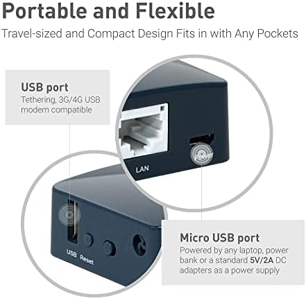 GL.iNet travel mini pocket router placed next to a laptop illustrating lightweight portability