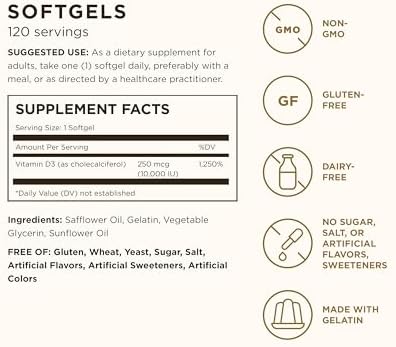 Solgar Vitamin D3 cholecalciferol one hundred and twenty softgels supplement facts label side view