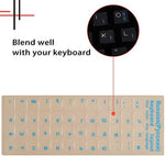 Close up view of transparent Russian keyboard stickers applied onto a black laptop keyboard layout.