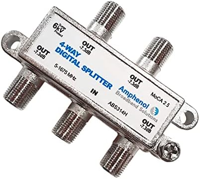 Amphenol ABS314H coaxial network splitter showcasing the 5 to 1675 MHz frequency technical specifications stamp