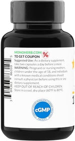 Supplement facts and clean ingredient label of authentic Monoherb Arjuna 1000mg herbal capsules.