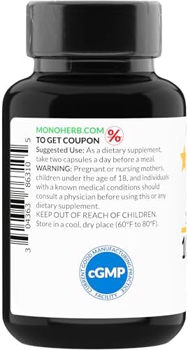 Supplement facts and clean ingredient label of authentic Monoherb Arjuna 1000mg herbal capsules.
