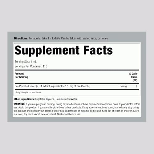Piping Rock Supreme Bee Propolis liquid supplement ingredients and supplement facts label