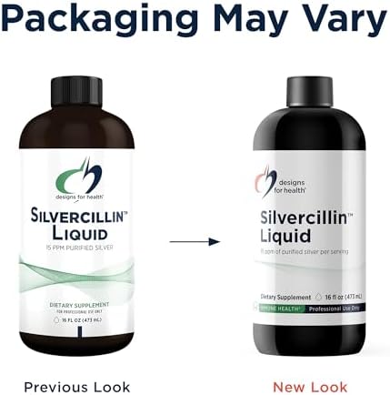Designs for Health Silvercillin Liquid 473ml bottle showing Silver Sol Technology authenticity