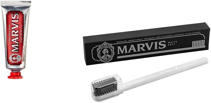 Marvis Cinnamon Mint Toothpaste and Soft Toothbrush travel set front view premium imported oral care kit