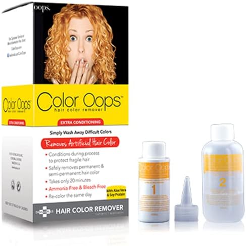 Color Oops extra conditioning formula bottles showing key ingredients designed to shrink hair dye molecules.