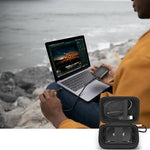 ANKHOH rugged storage case attached to a laptop backpack loop via the metal carabiner buckle