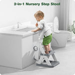 RABB 1ST multi functional step stool being used independently by a child at the bathroom washbasin.
