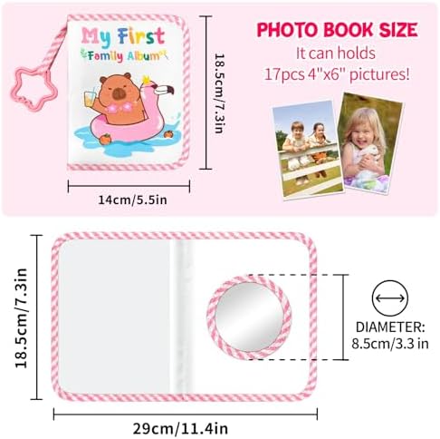 Jenlan soft cloth memory book opened displaying transparent photo sleeves and baby-safe mirror