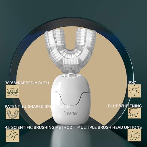 Sunartec adult electric toothbrush displaying the multiple brush heads options