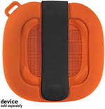 Close up view of the durable orange flexible speaker sleeve showcasing precise button cutouts.