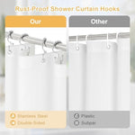 Stainless steel double sided hooks attached to reinforced ring holes on white curtain