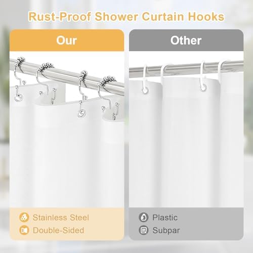 Stainless steel double sided hooks attached to reinforced ring holes on white curtain