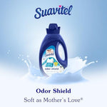 Back label of Suavitel Odor Shield showing usage instructions and ingredients for fabric care.