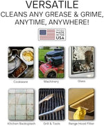 RuggedRed degreaser effectively removing oil stains from a stainless steel kitchen vent hood in a commercial setting.