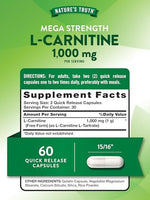 Natures Truth L-Carnitine 60 capsules supplement facts label