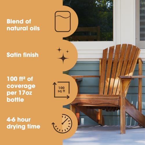 Bottle of Furniture Clinic Danish Oil next to treated oak timber