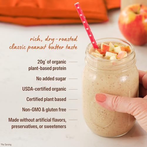 Orgain Justin's organic peanut butter protein powder scoop and product seal