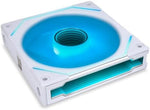 Side profile of a white Lian Li infinity mirror fan showcasing the aluminum trim elements and glowing addressable lighting paths