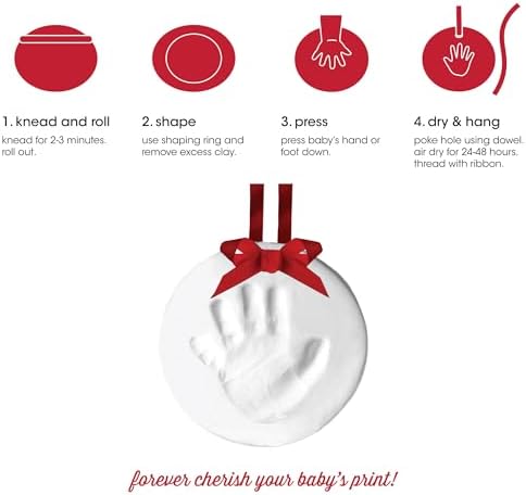 Pearhead clay handprint impression ornament hanging on a Christmas tree with red ribbon