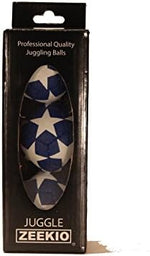 Three blue and white star patterned Zeekio Satellite professional millet filled juggling beanbags grouped together.