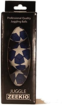 Three blue and white star patterned Zeekio Satellite professional millet filled juggling beanbags grouped together.
