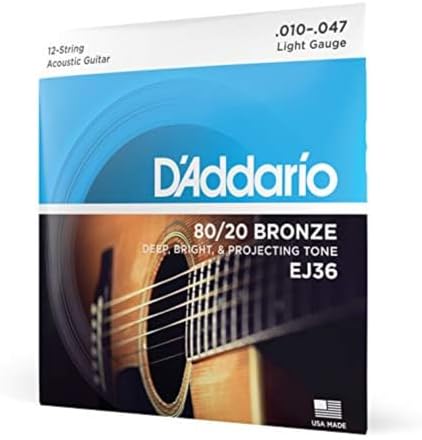 D'Addario light gauge 10-47 twelve string acoustic guitar strings showing 80/20 bronze details.