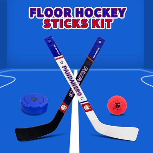 Toddler floor hockey kit with black and white foam sticks and colorful soft pucks