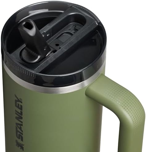 Stanley stainless steel tumbler showing the soft-texture ergonomic comfort-grip handle close-up