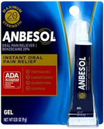 Anbesol 20 percent Benzocaine oral pain relief gel tubes imported from USA.