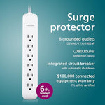 Close up of Philips surge protector flat plug design