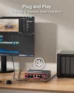 Product packaging and box contents for the NUBASA multigigabit ethernet splitter for gaming and NAS storage.