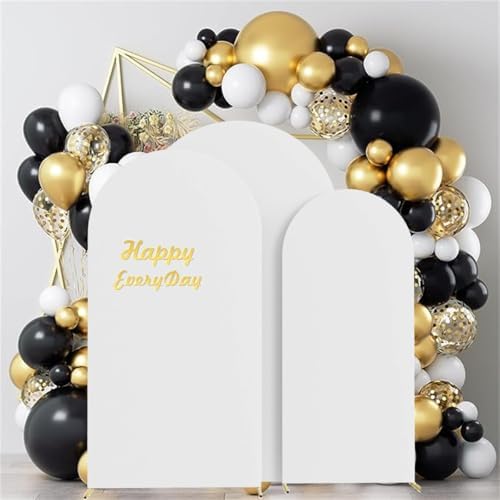 Three white stretchy Chiara backdrop sleeves fitted on round top stands for birthday decoration