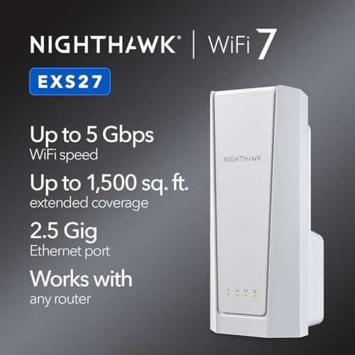 Netgear EXS27 WiFi extender plugged into wall outlet