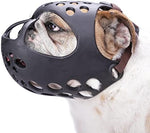 Barkless soft silicone mouth guard for flat-faced dogs highlighting wide eye holes for clear visibility