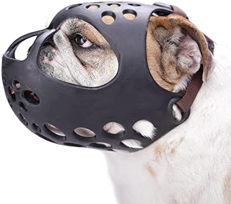 Barkless soft silicone mouth guard for flat-faced dogs highlighting wide eye holes for clear visibility