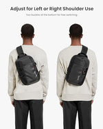 Tomtoc urban EDC crossbody bag worn by a person showing its modern vertical profile