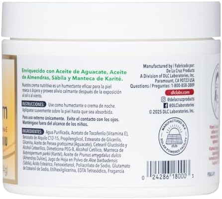 Back label of De La Cruz Vitamin E Cream showing directions and allergy-tested non-comedogenic claims