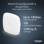 Netgear WiFi 6 AX1800 dual band access point rear view showcasing the single gigabit Ethernet PoE port and mounting layout