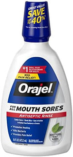 Pack of six Orajel Antiseptic Mouth Sore Rinse bottles for canker sore relief.