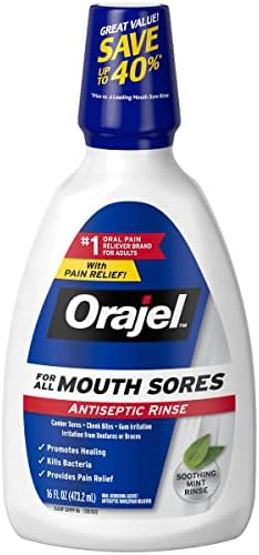 Pack of six Orajel Antiseptic Mouth Sore Rinse bottles for canker sore relief.