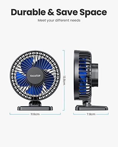 Compact blue and black Gaiatop portable fan being packed into a travel bag for summer holiday use.