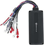Rockville bluetooth UTV amplifier angled view highlighting heavy duty sealed wire harnesses.